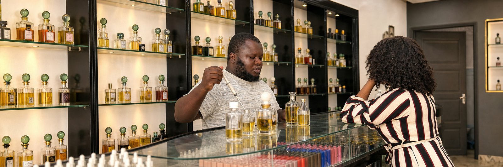 Cliente observant le mixage de son parfum